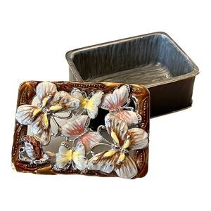 VTG Metal TRINKET BOX Enameled Butterfly Keepsake Open Metalwork Lid 3" Treasure